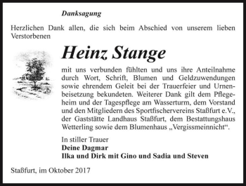 Traueranzeige von Heinz Stange  von Magdeburger Volksstimme