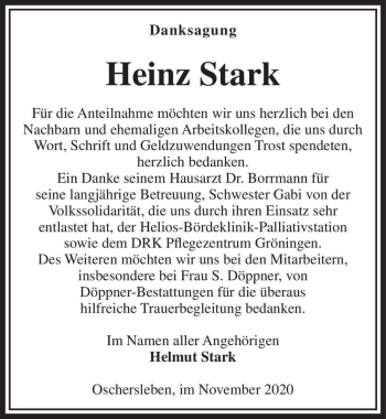 Traueranzeige von Heinz Stark  von Magdeburger Volksstimme