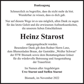 Traueranzeige von Heinz Starost  von Magdeburger Volksstimme