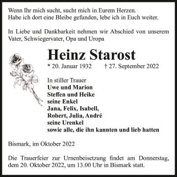 Traueranzeige von Heinz Starost  von Magdeburger Volksstimme