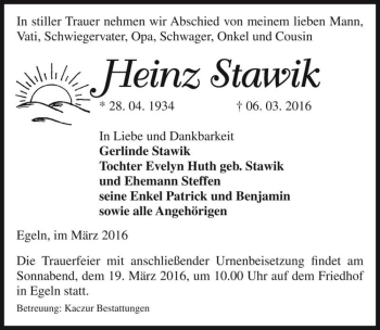 Traueranzeige von Heinz Stawik  von Magdeburger Volksstimme