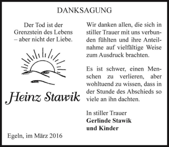 Traueranzeige von Heinz Stawik  von Magdeburger Volksstimme