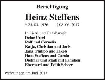 Traueranzeige von Heinz Steffens  von Magdeburger Volksstimme