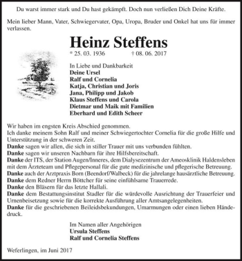 Traueranzeige von Heinz Steffens  von Magdeburger Volksstimme