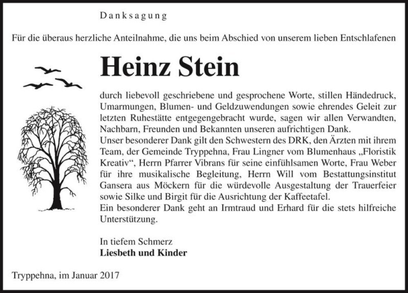  Traueranzeige für Heinz Stein  vom 21.01.2017 aus Magdeburger Volksstimme