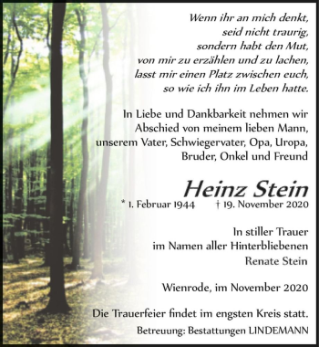 Traueranzeige von Heinz Stein  von Magdeburger Volksstimme
