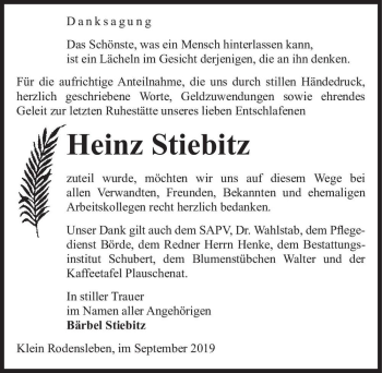 Traueranzeige von Heinz Stiebitz  von Magdeburger Volksstimme