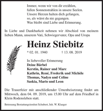 Traueranzeige von Heinz Stiebitz  von Magdeburger Volksstimme