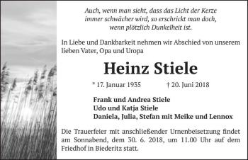 Traueranzeige von Heinz Stiele  von Magdeburger Volksstimme