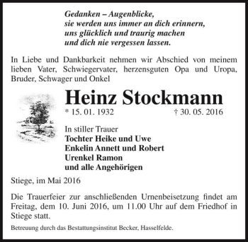 Traueranzeige von Heinz Stockmann  von Magdeburger Volksstimme