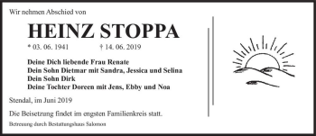 Traueranzeige von Heinz Stoppa  von Magdeburger Volksstimme