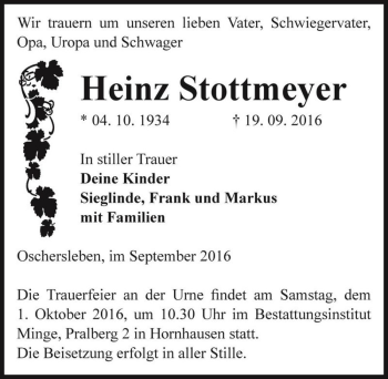 Traueranzeige von Heinz Stottmeyer  von Magdeburger Volksstimme