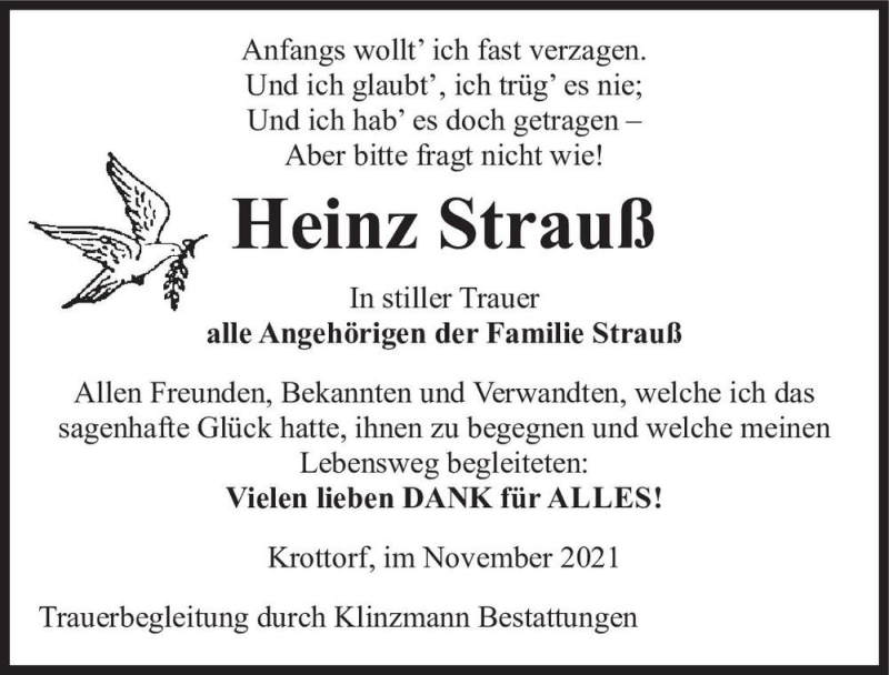  Traueranzeige für Heinz Strauß  vom 27.11.2021 aus Magdeburger Volksstimme