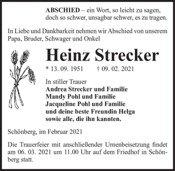 Traueranzeige von Heinz Strecker  von Magdeburger Volksstimme