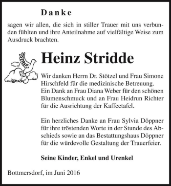 Traueranzeige von Heinz Stridde  von Magdeburger Volksstimme