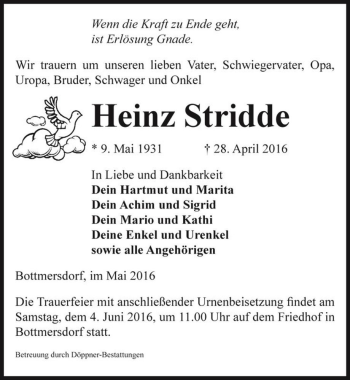 Traueranzeige von Heinz Stridde  von Magdeburger Volksstimme