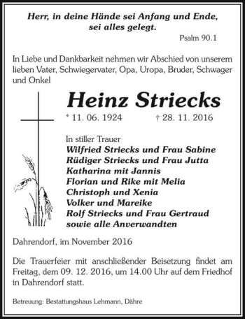 Traueranzeige von Heinz Striecks  von Magdeburger Volksstimme