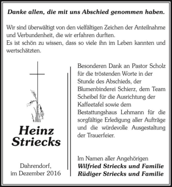Traueranzeige von Heinz Striecks  von Magdeburger Volksstimme