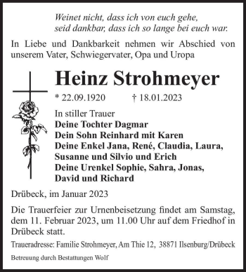 Traueranzeige von Heinz Strohmeyer  von Magdeburger Volksstimme