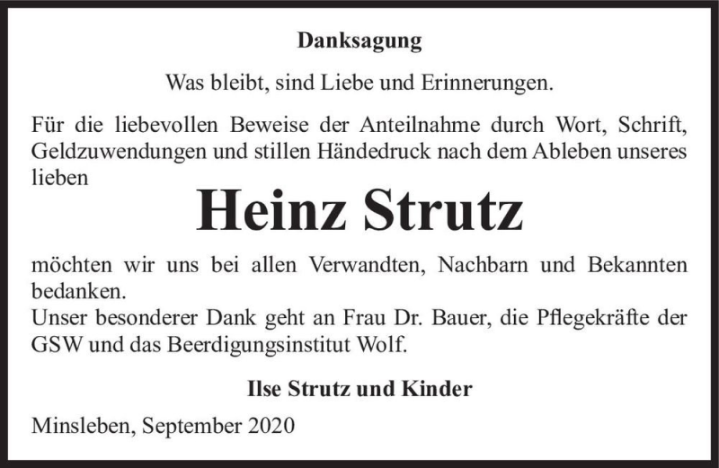  Traueranzeige für Heinz Strutz  vom 19.09.2020 aus Magdeburger Volksstimme