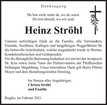Traueranzeige von Heinz Ströhl  von Magdeburger Volksstimme