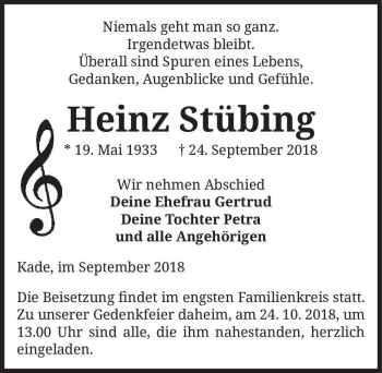 Traueranzeige von Heinz Stübing  von Magdeburger Volksstimme
