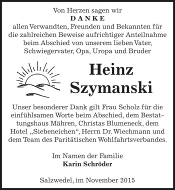 Traueranzeige von Heinz Szymanski  von Magdeburger Volksstimme