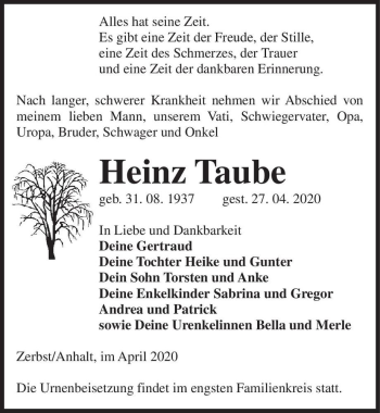 Traueranzeige von Heinz Taube  von Magdeburger Volksstimme