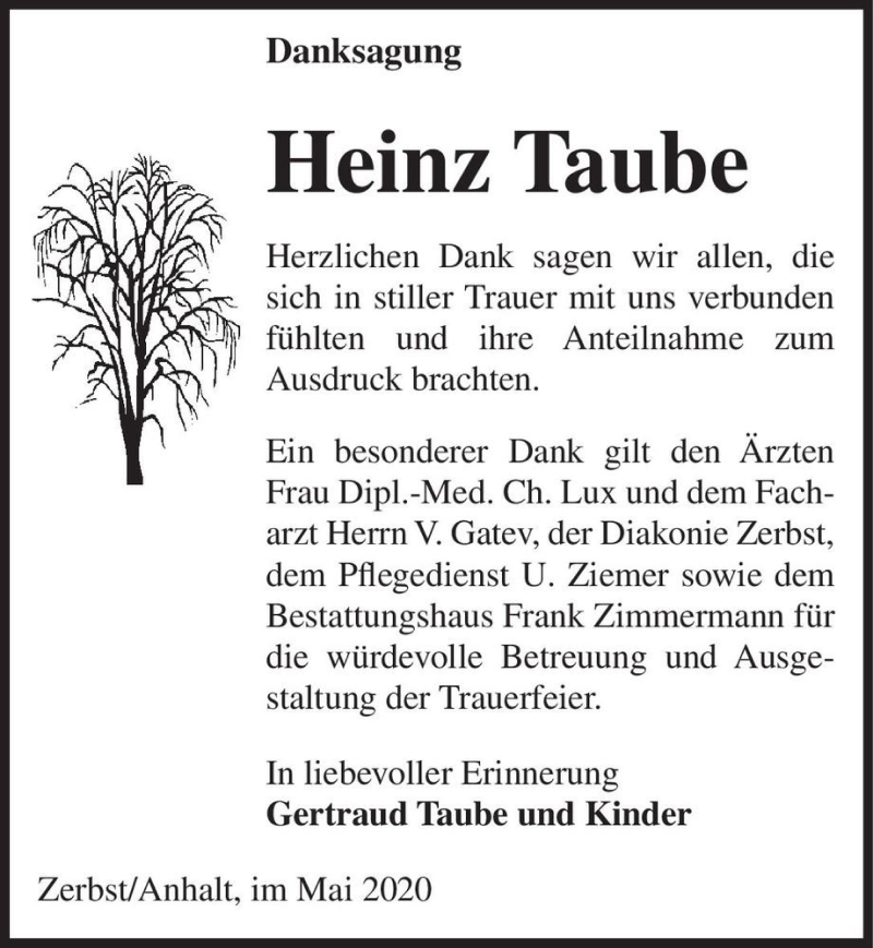  Traueranzeige für Heinz Taube  vom 23.05.2020 aus Magdeburger Volksstimme