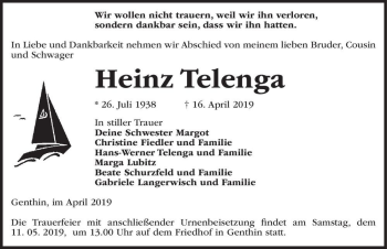 Traueranzeige von Heinz Telenga  von Magdeburger Volksstimme