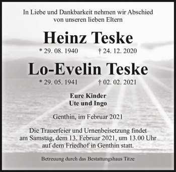 Traueranzeige von Heinz Teske und Lo-Evelin Teske  von Magdeburger Volksstimme