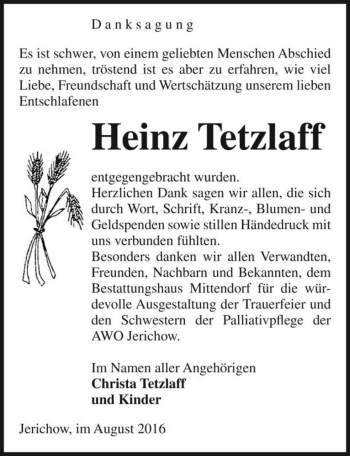 Traueranzeige von Heinz Tetzlaff  von Magdeburger Volksstimme