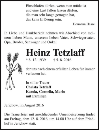 Traueranzeige von Heinz Tetzlaff  von Magdeburger Volksstimme