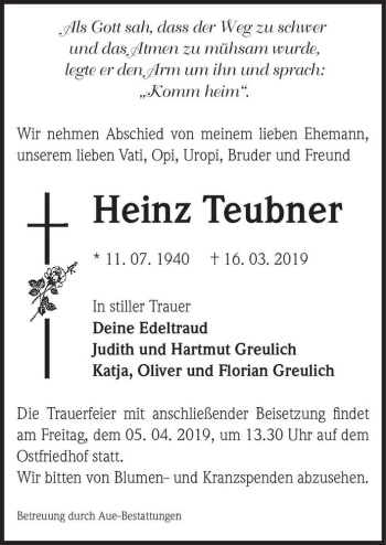 Traueranzeige von Heinz Teubner  von Magdeburger Volksstimme