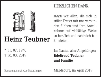 Traueranzeige von Heinz Teubner  von Magdeburger Volksstimme