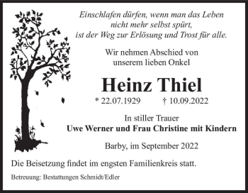 Traueranzeige von Heinz Thiel  von Magdeburger Volksstimme