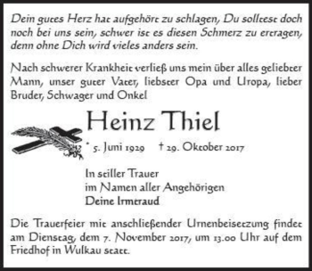 Traueranzeige von Heinz Thiel  von Magdeburger Volksstimme