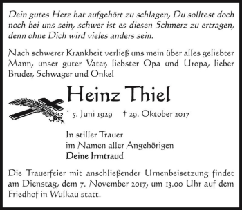 Traueranzeige von Heinz Thiel  von Magdeburger Volksstimme