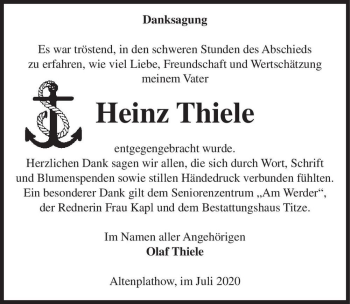 Traueranzeige von Heinz Thiele  von Magdeburger Volksstimme