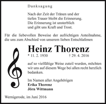 Traueranzeige von Heinz Thorenz  von Magdeburger Volksstimme