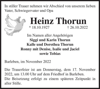 Traueranzeige von Heinz Thorun  von Magdeburger Volksstimme