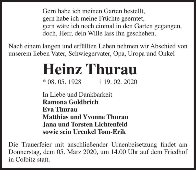  Traueranzeige für Heinz Thurau  vom 29.02.2020 aus Magdeburger Volksstimme