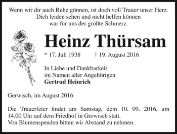 Traueranzeige von Heinz Thürsam  von Magdeburger Volksstimme