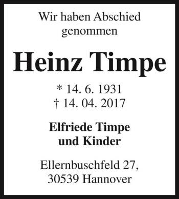 Traueranzeige von Heinz Timpe  von Magdeburger Volksstimme