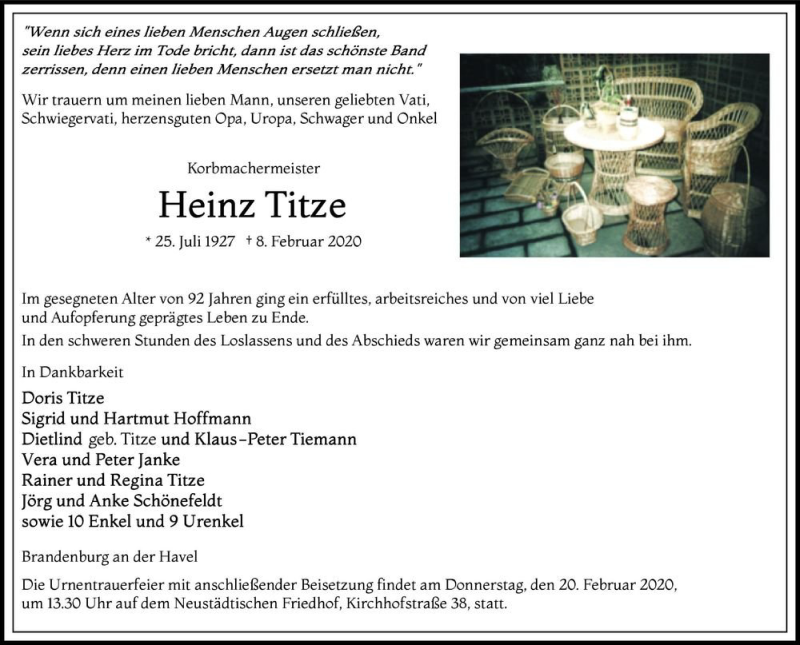 Traueranzeige für Heinz Titze  vom 15.02.2020 aus Magdeburger Volksstimme