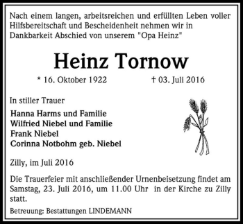 Traueranzeige von Heinz Tornow  von Magdeburger Volksstimme