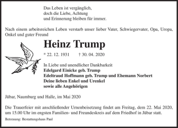 Traueranzeige von Heinz Trump  von Magdeburger Volksstimme
