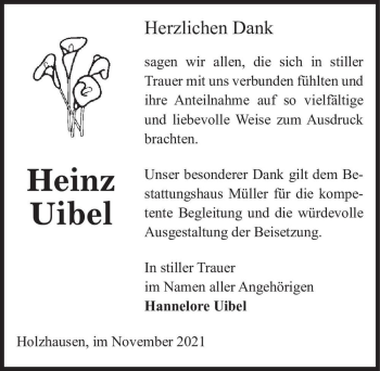 Traueranzeige von Heinz Uibel  von Magdeburger Volksstimme