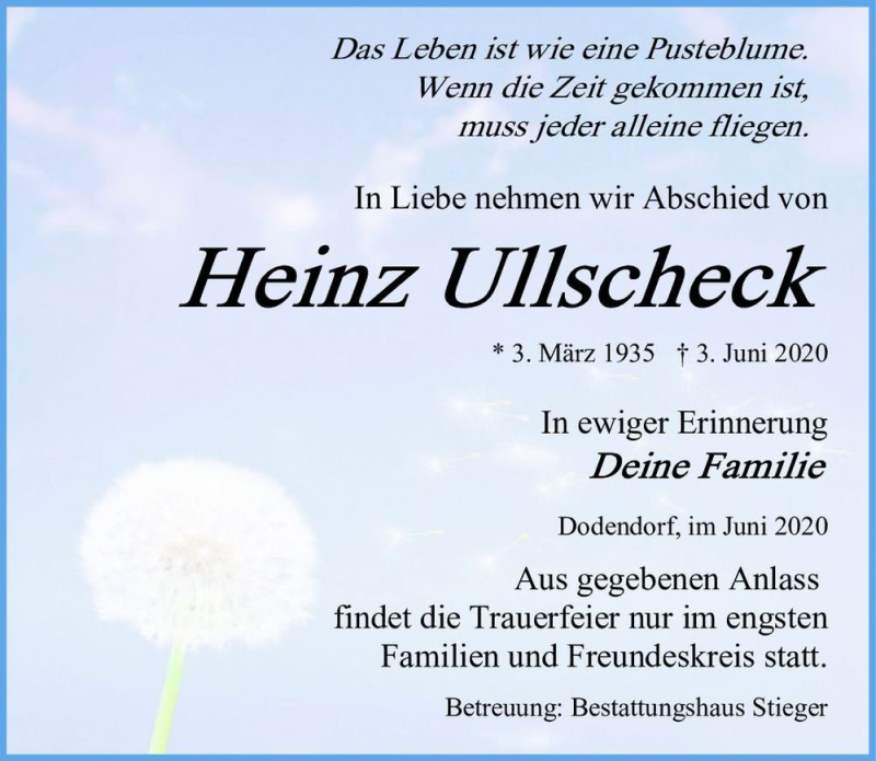  Traueranzeige für Heinz Ullscheck  vom 13.06.2020 aus Magdeburger Volksstimme