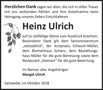 Traueranzeige von Heinz Ulrich  von Magdeburger Volksstimme